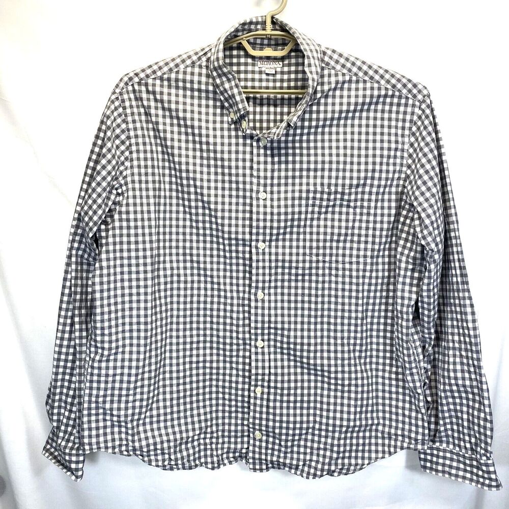 Merona Men's XXL Shirt Cotton Button Down Casual Gray Gingham Long Sleeves